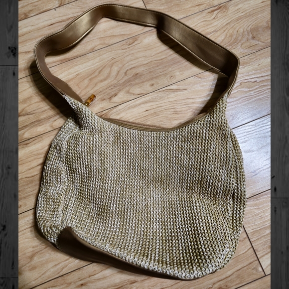 Gold Vintage Carlo D'Santi Woven Oversized Shoulder Purse/Bag with Bamboo Zipper - Picture 7 of 7